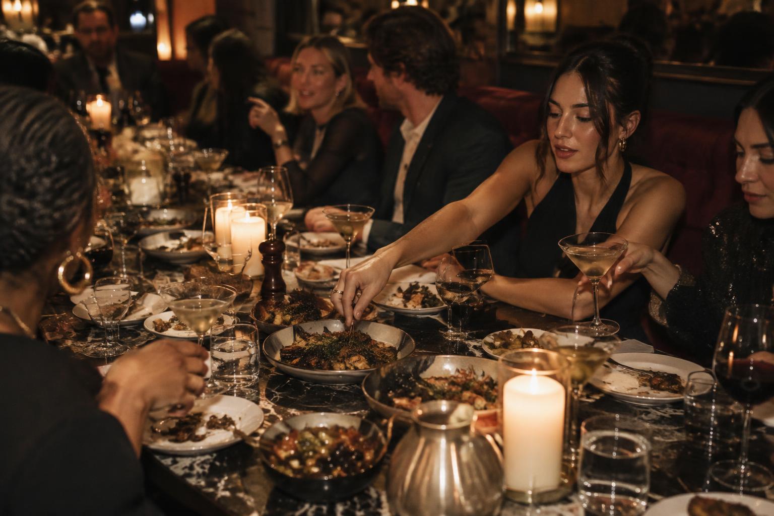 Guests sharing dinner at a candlelit table
